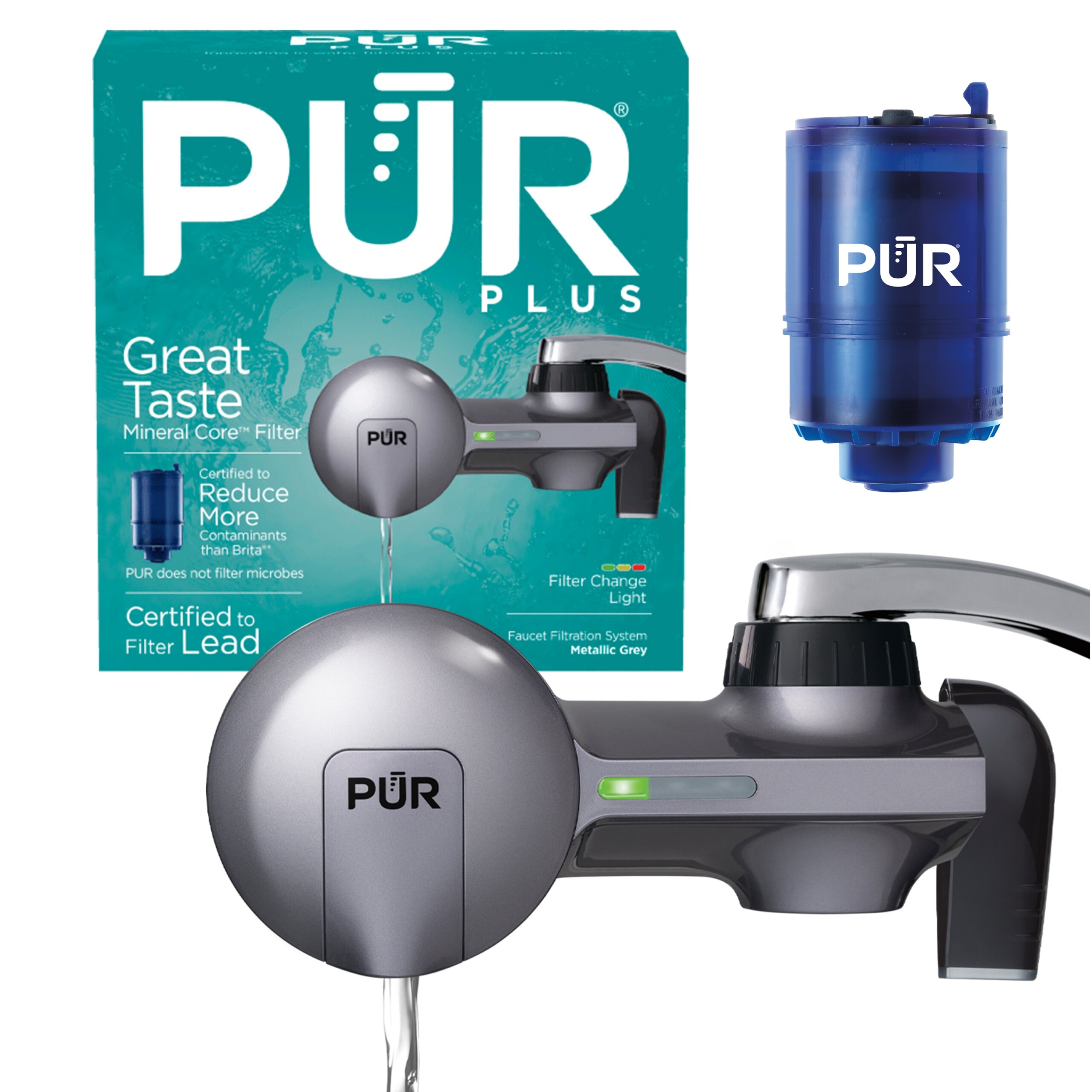 PUR PLUS faucet filtration system horizontal metallic grey